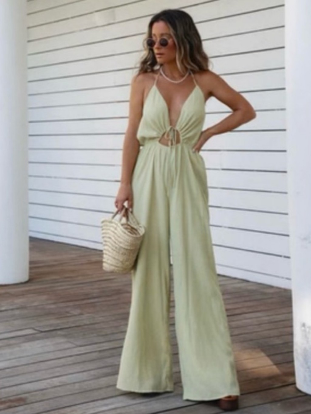 Vici X Summer Of Diane Jumpsuit L Halter Top Lined Cutout Gauze Green 947a